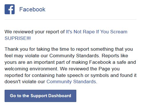 16 June 2015: Facebook again rejects reports of the group "It's Not Rape If You Scream SUPRISE!!!"