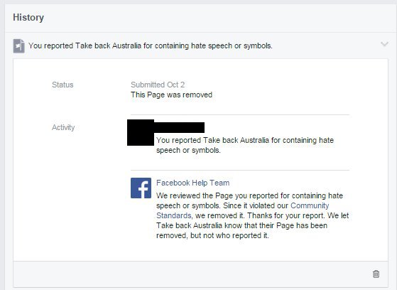 Facebook reporting that page is removed