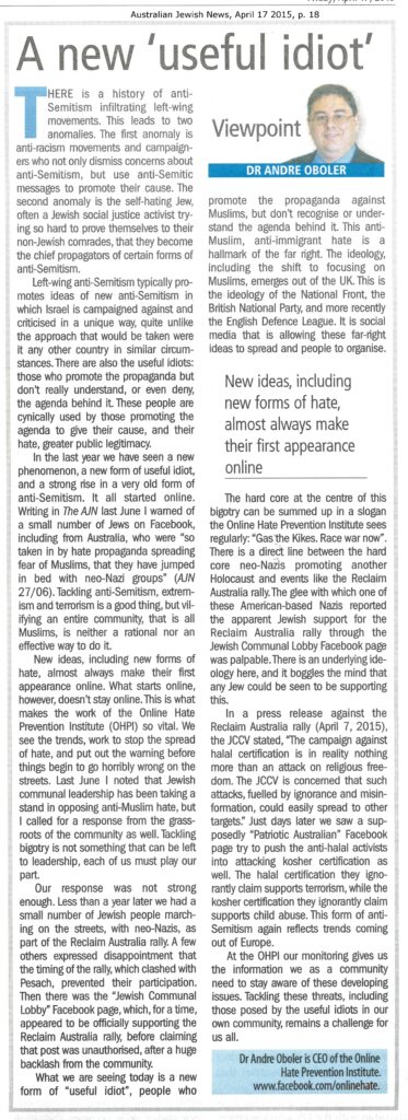 Article in the Australian Jewish News, 17 April 2014